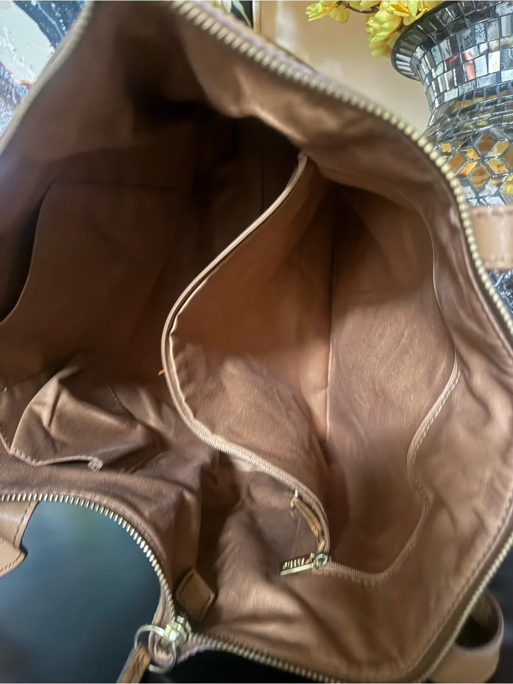 Fossil Brown Patterned Tote with Tan Trim